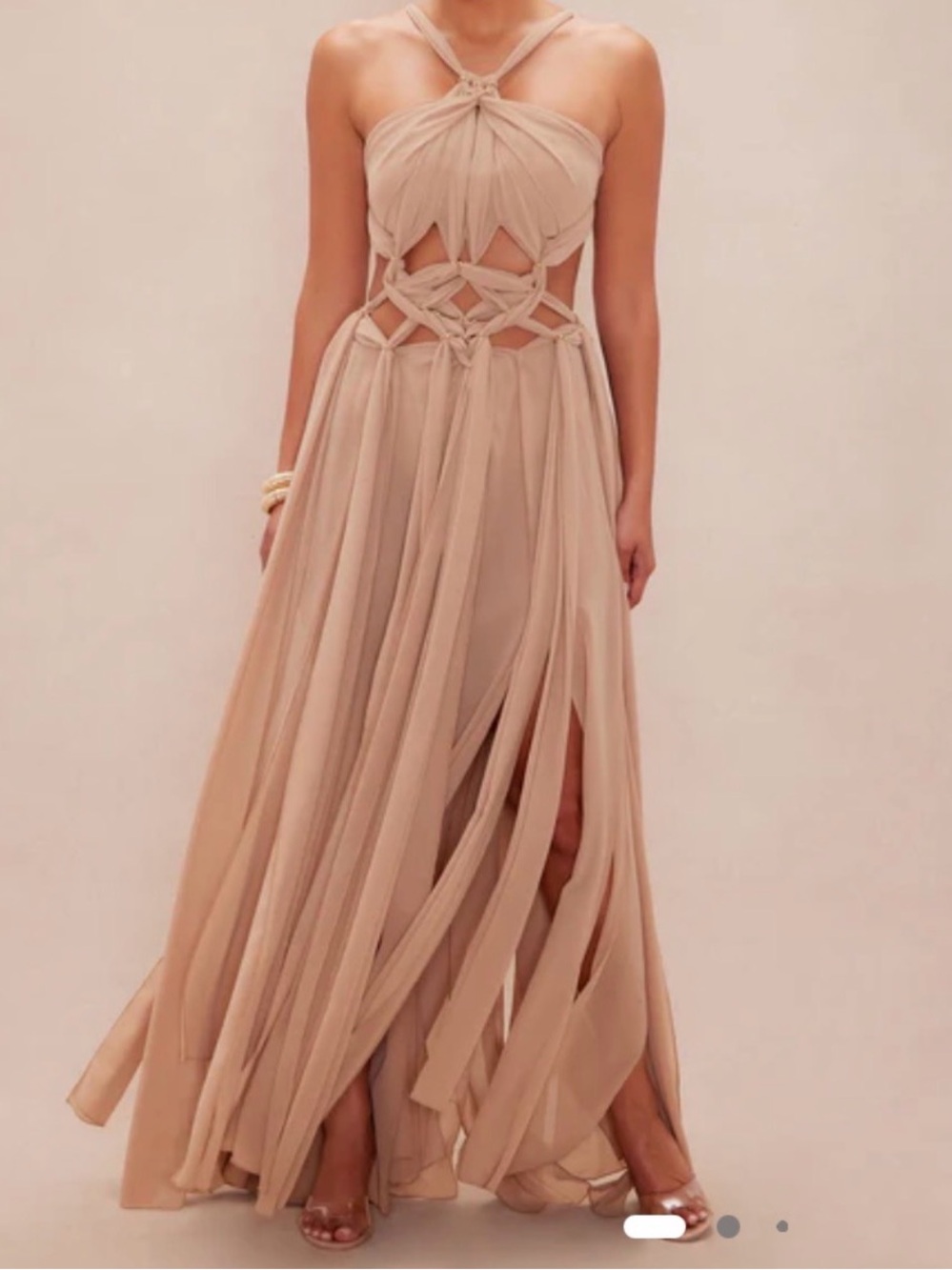Nude Chiffon Braided Waist Maxi Dress Gold Beach Vacation